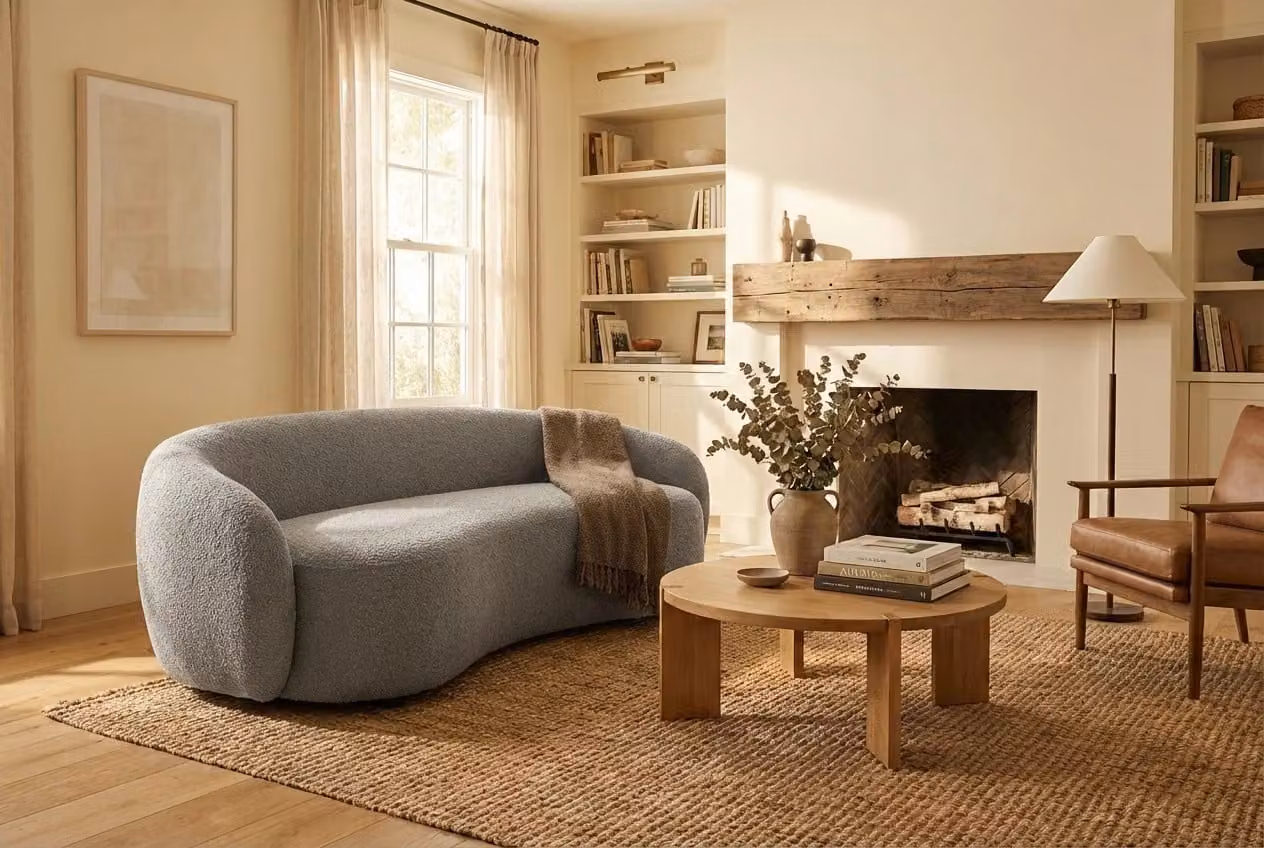 Araco Atelier Willow 3 Seater Upholstered Bouclé Sofa in Grey and Blue with Scatter Cushions