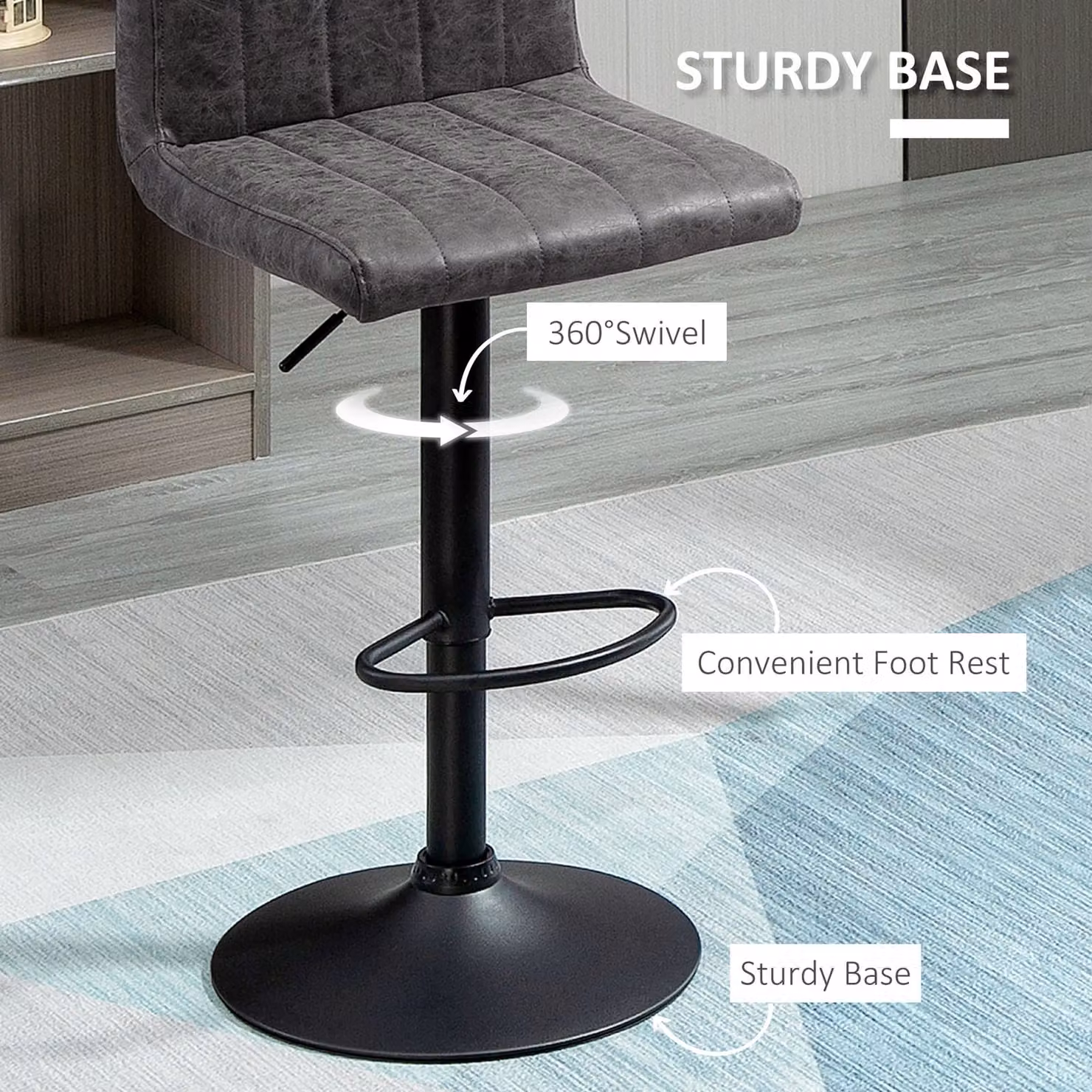 HOMCOM Set of 2 Grey PU Leather Adjustable Height Bar Stools with Footrest and 360 Degree Swivel – 7