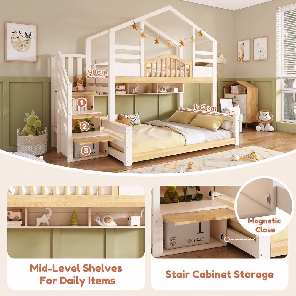 Merax White Childrens House Bunk Bed with Storage Stairs and Side Compartments, W/D/H: 140 x 140 x 206 cm – 3