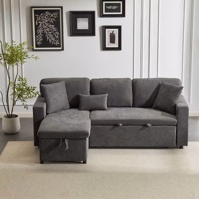 Tokpiedi 3 Seater L-Shaped Reversible Sectional Sofa Bed with USB Charging and Side Shelf in Grey Fabric