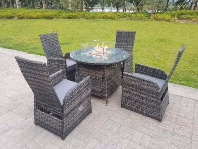 Fimous 4 Seater Rattan Outdoor Garden Furniture Set with Gas Fire Pit Dining Table and Reclining Chairs in Dark Grey