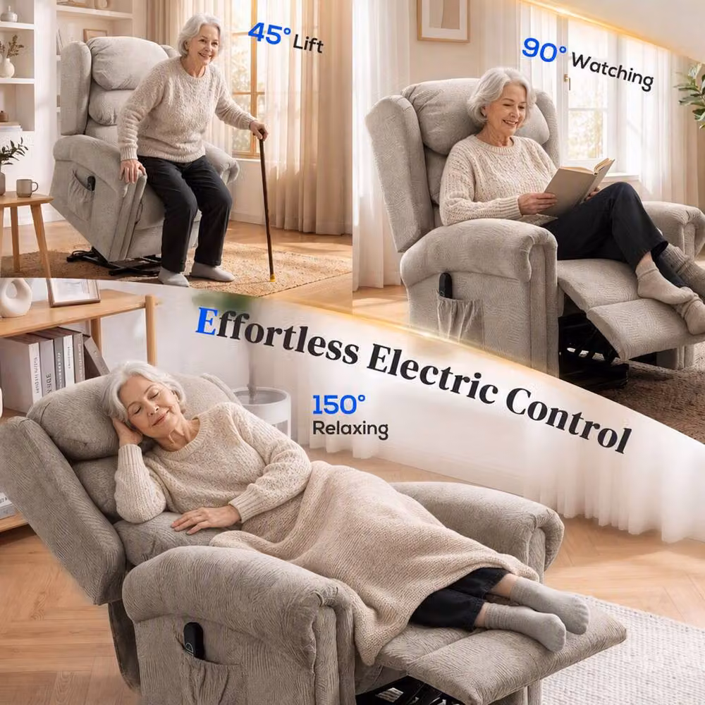 HOMCOM Power Lift Recliner Chair for Seniors in Beige Fabric with Remote Control – 3