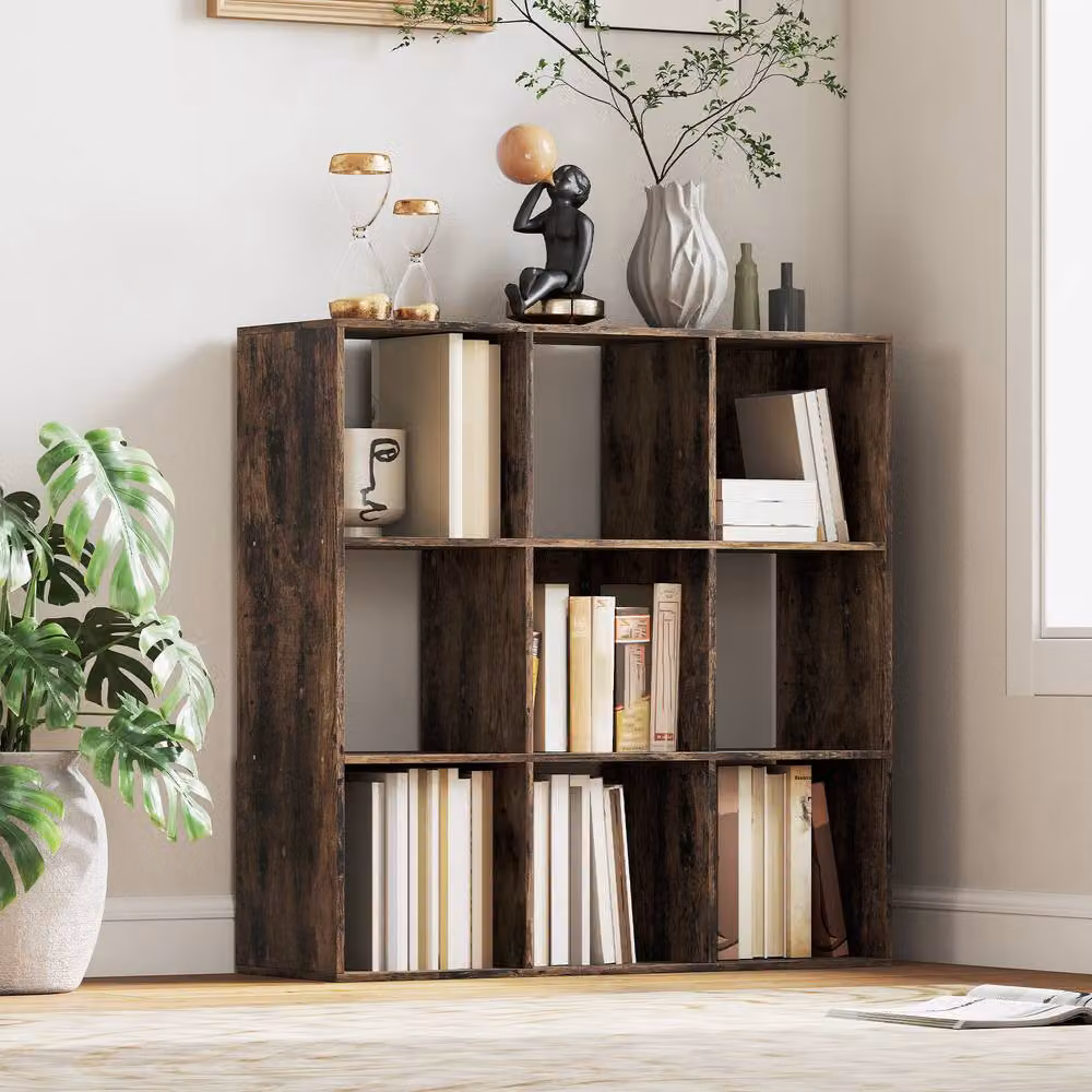 STILVORA Freestanding Storage Shelf with 9 Open Cubes in Rustic Brown – 3