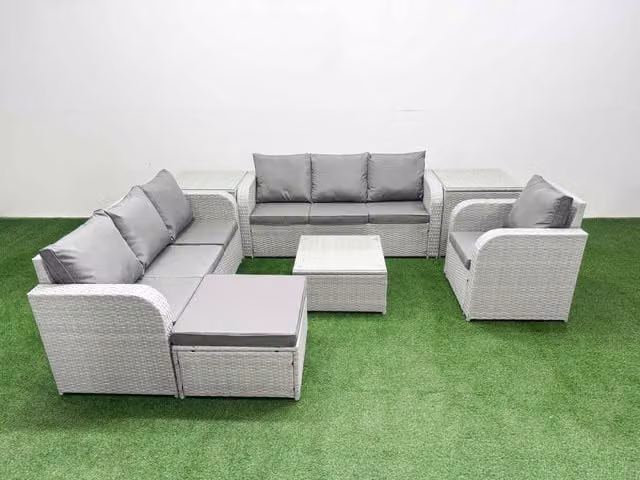 Fimous 8 Seater Poly Rattan Garden Furniture Set in Grey with 3 Seater Sofa, Reclining Chairs, Ottoman and Coffee Table