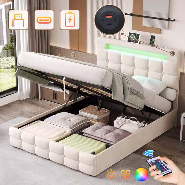BTM Modern Velvet Double Bed in Beige with Hydraulic Storage, LED Lighting, USB Charging Ports and Bedside Shelf, W/D/H: 140 x 190 x 108 cm – 1