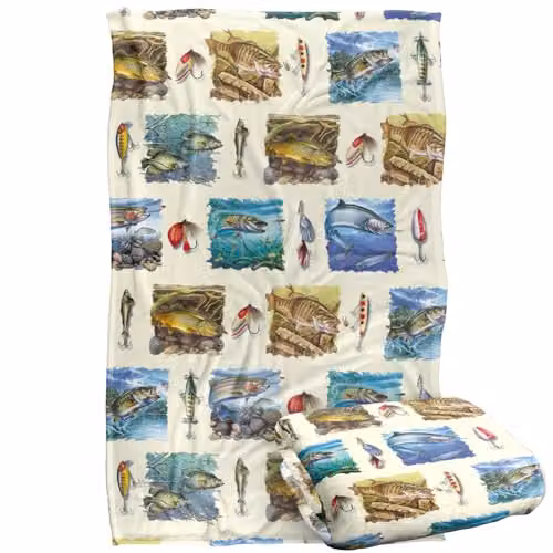 JQ Licensing Fish Paintings and Fishing Lures Pattern Super Soft Fleece Throw Blanket, Multicolour, W/D/H: 91 x 147 cm – 1