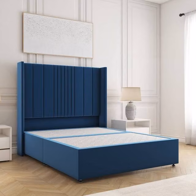 BSSPOKE Charlotte Single Divan Bed with 54 inch Plush Velvet Headboard in Blue