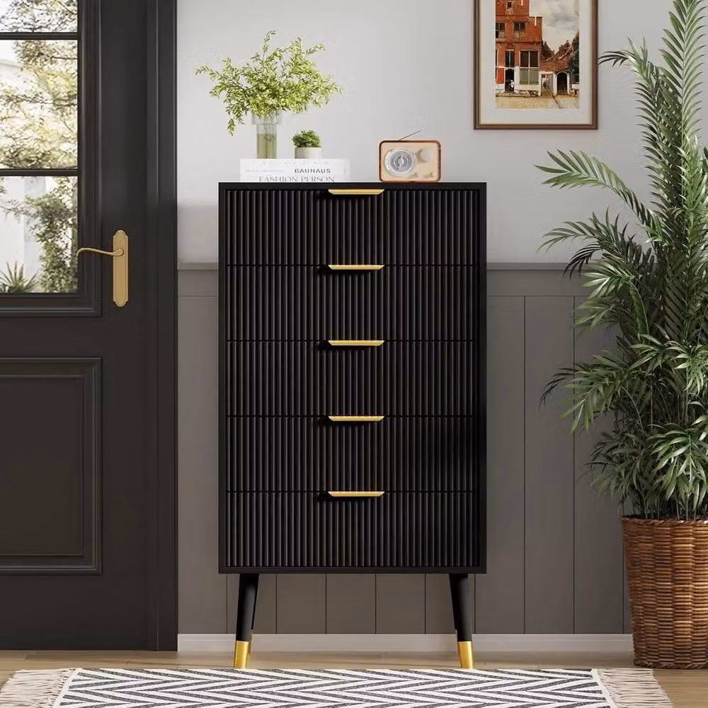 VOGREX 5-Drawer Tall Dresser in Black with Gold Metal Handles – 3