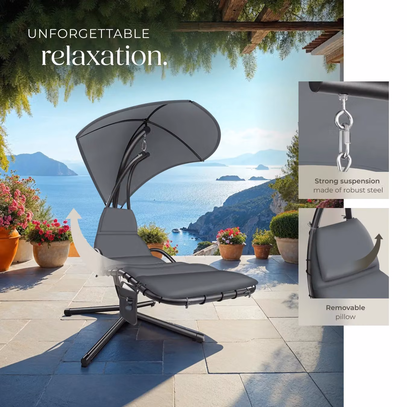 tectake Elaria Hanging Chair with UV-Protection Sun Canopy in Grey – 8