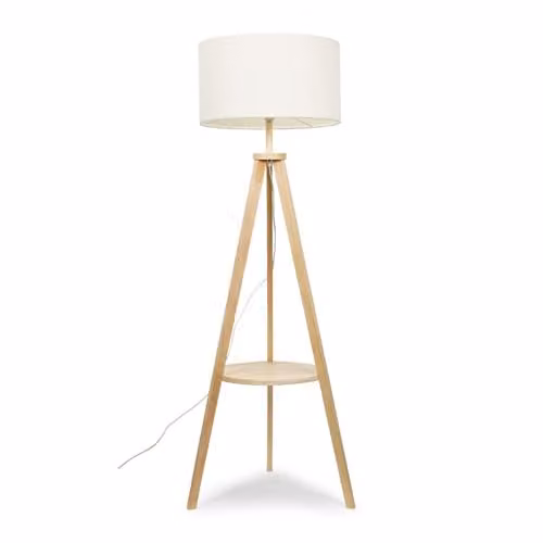 ValueLights Modern Wood Tripod Floor Lamp with Fabric Cylinder Shade and LED Bulb in White – 1