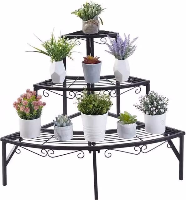 Ventryn 3 Tier Quarter Round Metal Plant Stand in Matt Black – 1