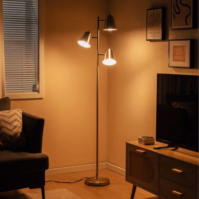 COSTWAY Modern Silver Metal Floor Standing Reading Lamp with Adjustable LED Bulb