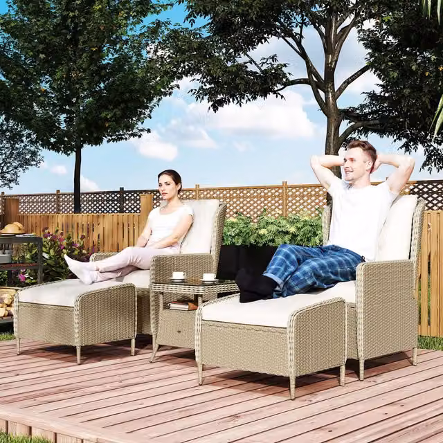 Outsunny 5 Piece Reclining Rattan Garden Furniture Set in Light Grey with Weatherproof Cushions