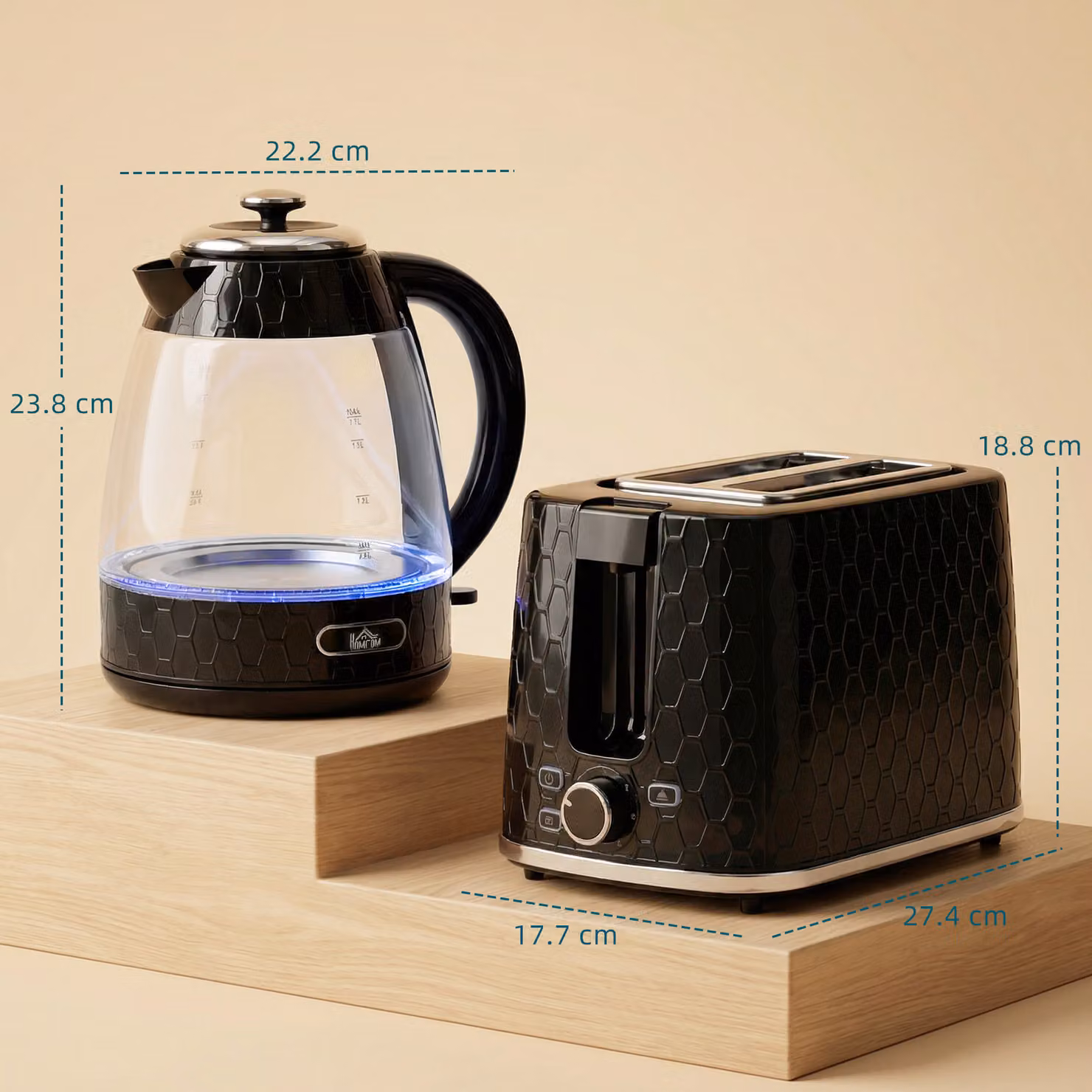 HOMCOM Kettle and Toaster Set in Black, featuring a 1.7 l Rapid Kettle with Limescale Filter and a 2-Slice Toaster – 3