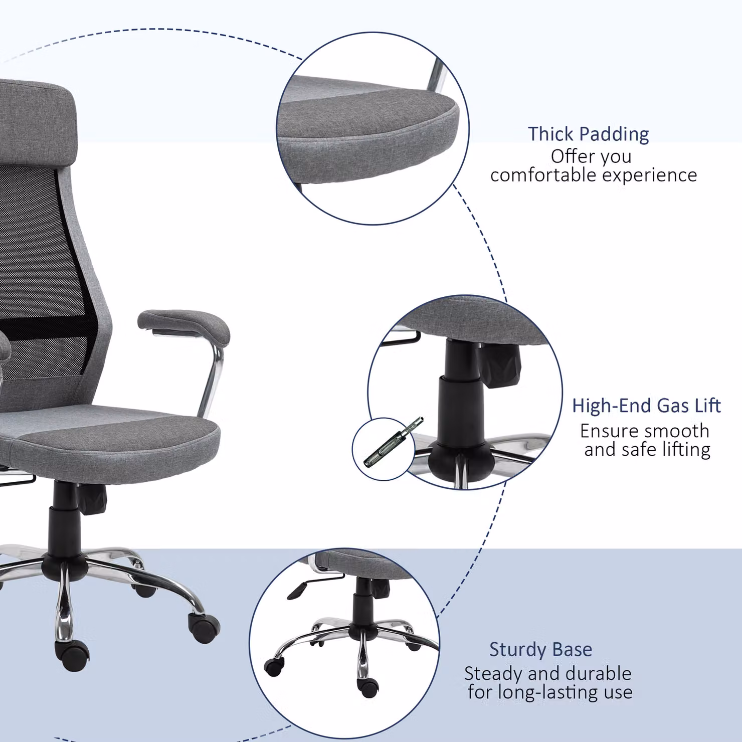 Vinsetto Grey Linen-Feel Mesh Fabric High Back Swivel Office Chair with Armrests and Castors – 4