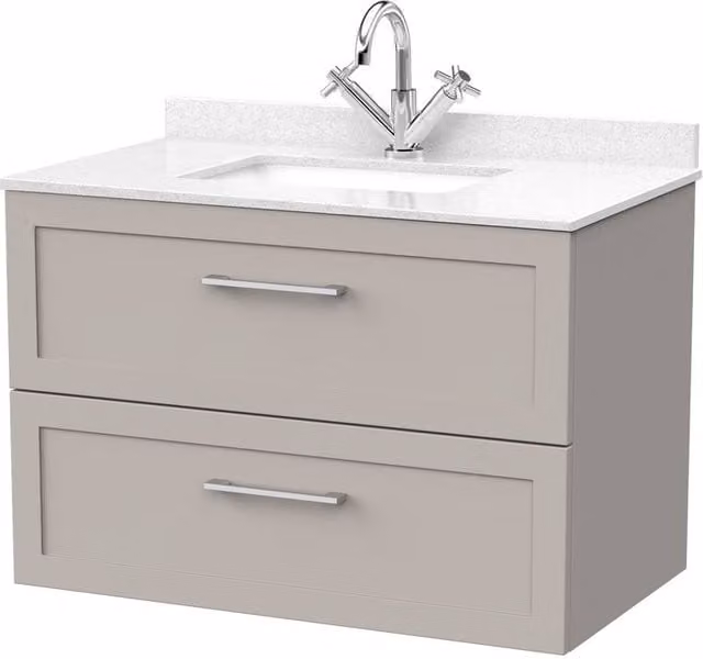 Balterley Stonnall 2 Drawer Wall Mounted Vanity with Marble Top and Basin, Pebble Grey, W: 80 cm