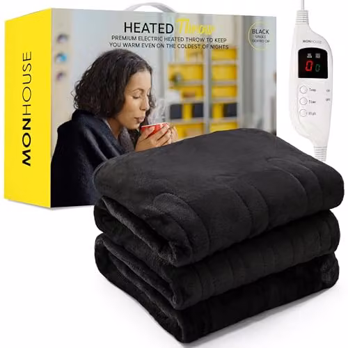MONHOUSE Black Fleece Heated Electric Throw with 9 Heat Settings and Timer, W/D/H: 130 x 160 cm