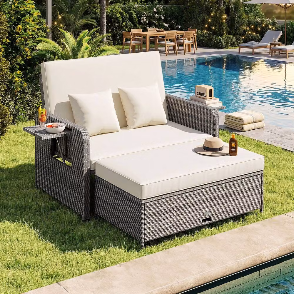 Costway 2-Piece Grey PE Wicker Daybed and Patio Rattan Furniture Set with 4-Level Backrest – 2