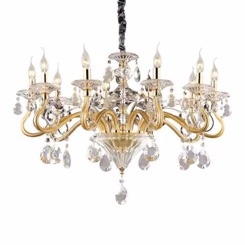 Ideal Lux Negresco Suspended Chandelier in Gold and Transparent Glass with Crystal Details, E14