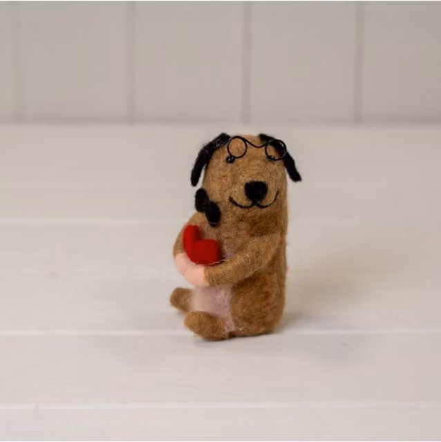 KDMD Sausage Dog Holding Heart Tabletop Ornament in Brown