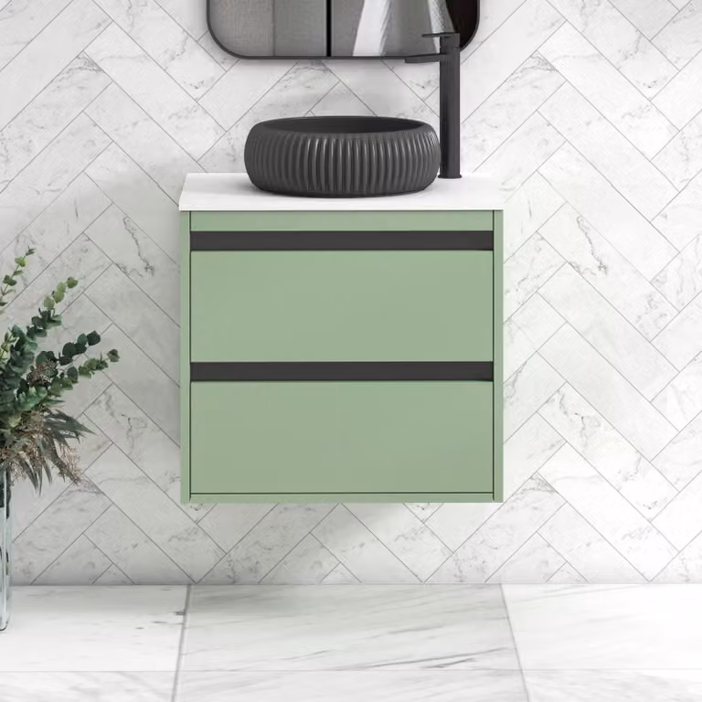 Royal Bathrooms Orion 600mm Wall Hung Mint Sage Vanity Unit with 2 Drawers, Milan Black Basin and Black Accent Trim