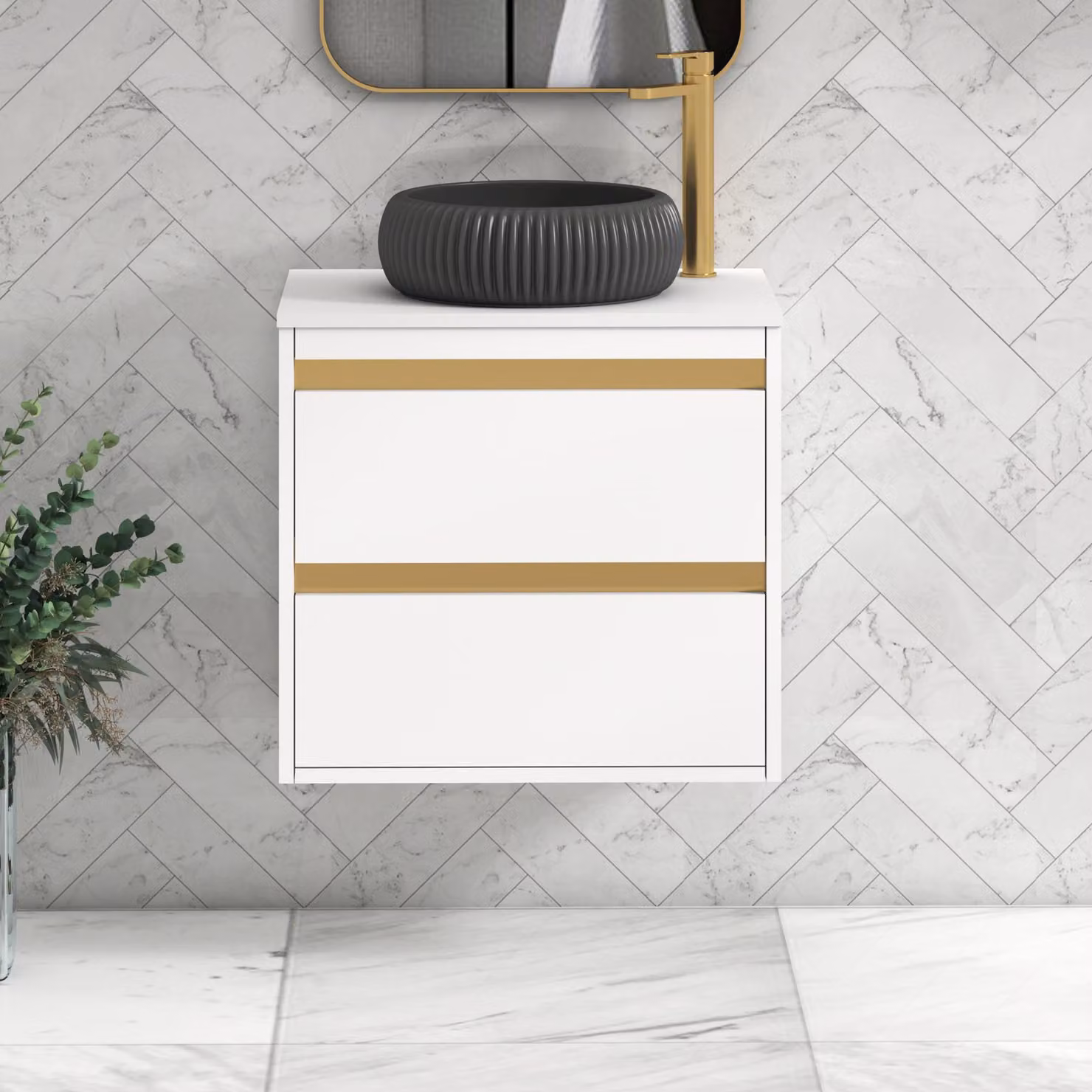 Royal Bathrooms Orion 600mm Matt White Wall Hung 2 Drawer Vanity Unit with Milan Black Basin and Brushed Brass Accent Trim