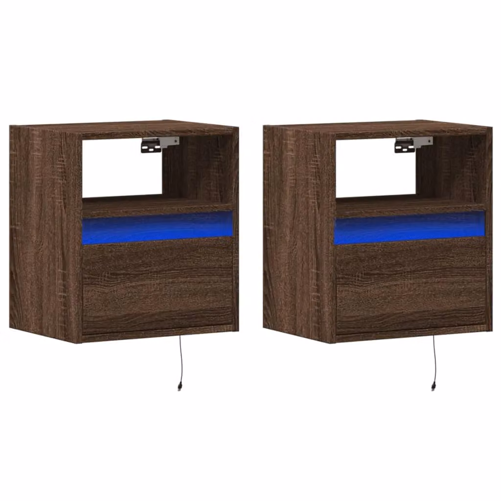 Berkfield Home Set of 2 Wall-mounted Bedside Cabinets with Integrated LED Lights in Brown Oak – 3