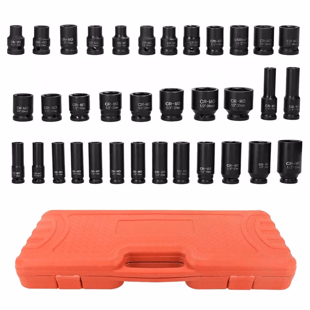 SPETLEK 35-Piece Thin Wall Impact Socket Set with Case, 1/2 inch Drive, Red and Black Chrome Vanadium Steel – 2