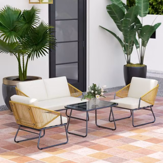 Outsunny Modern White Rattan Garden Furniture Set with Cushions