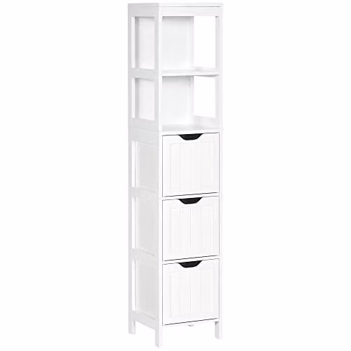 HOMCOM Slim White Bathroom Storage Unit with 3 Drawers and 2 Open Shelves, H 141.6 x W 30.0 x D 30.0 cm