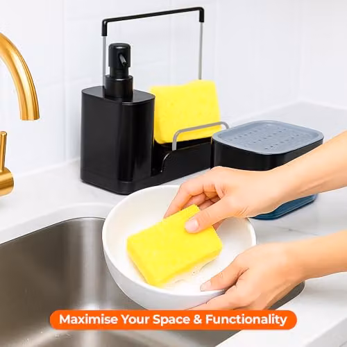 Innoteck Sink Organiser Set in Black with Dual Soap Dispenser, Sponge Holder and Removable Drip Tray (370ml + 350ml Capacity) – 6
