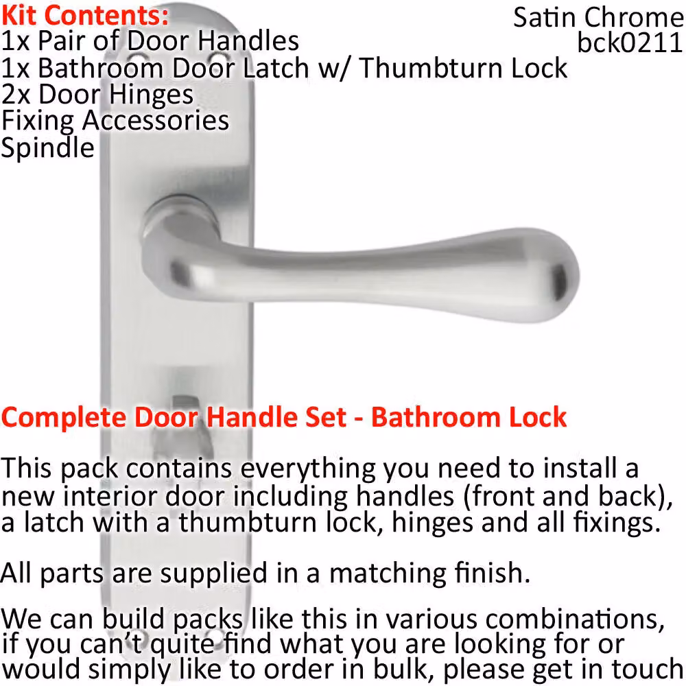 Loops Door Handle and Bathroom Lock Pack in Satin Chrome with Smooth Flared Lever Backplate – 2