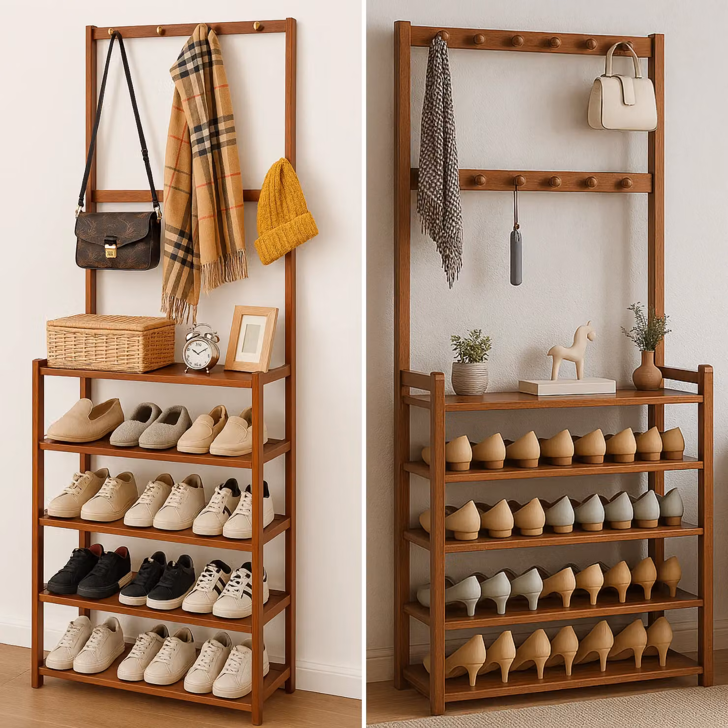 Rafaelo Mobilia Brown Wooden Hall Tree with Bench and Shoe Storage – 4