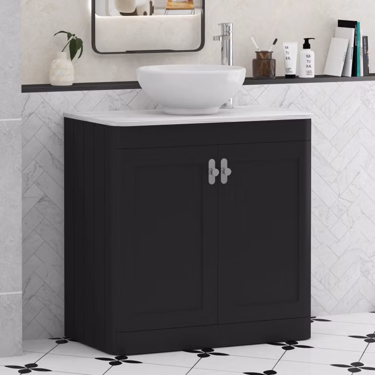 Royal Bathrooms Henley 800mm Matt Nocturne Black Floor Standing 2 Door Vanity Unit with Breeze Basin and Chrome Knob