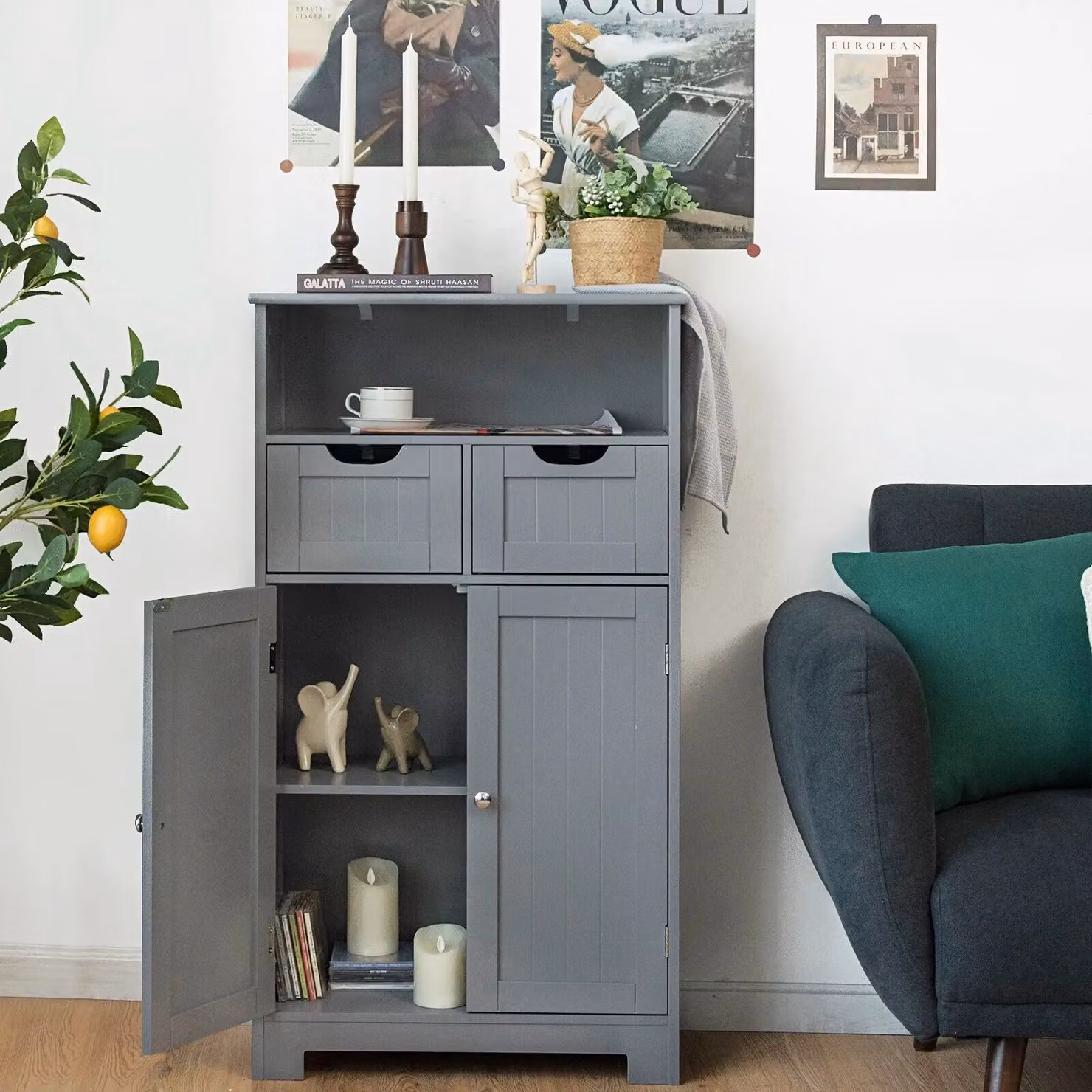 Costway Grey Wooden Bathroom Floor Cabinet with Adjustable Internal Shelves and Hinged Doors – 5