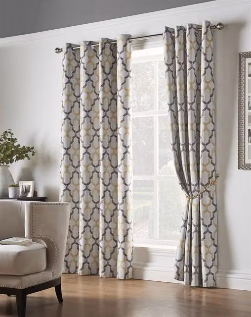 Luxury Living Geo Blackout Thermal Insulating Eyelet Curtains in Yellow and Blue, Width: 229 cm, Drop: 274 cm