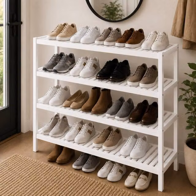 Keplin 4-Tier Bamboo Shoe Rack, White Wooden Shoe Organiser, W/D/H: 70 x 24.5 x 67 cm