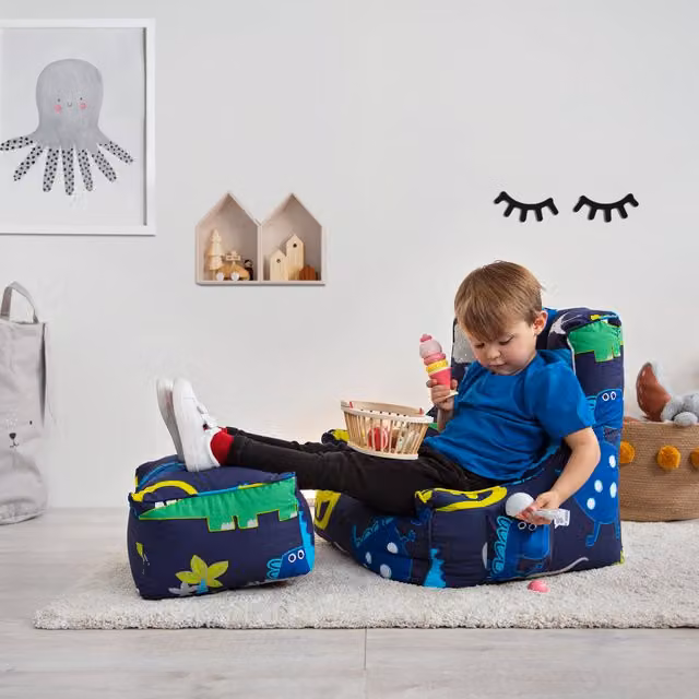 Ready Steady Bed Dino Dark Kids Gaming Bean Bag Armchair with Armrests in Blue and Multicolour
