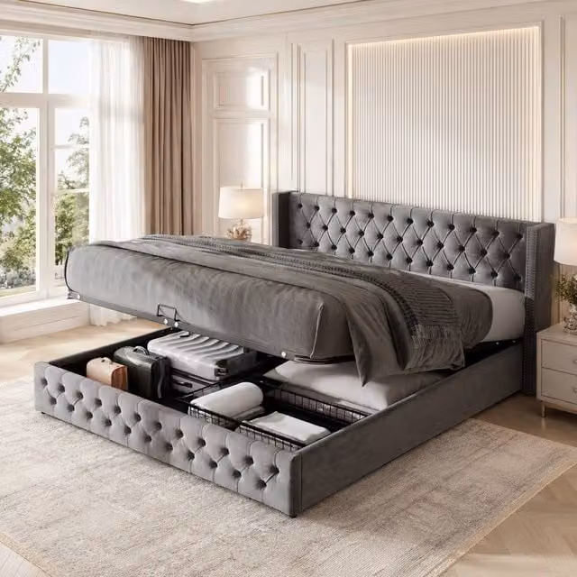 Merax Grey Velvet Upholstered King Size Ottoman Storage Bed Frame with Lift Up Base W: 150 cm, D: 200 cm – 1