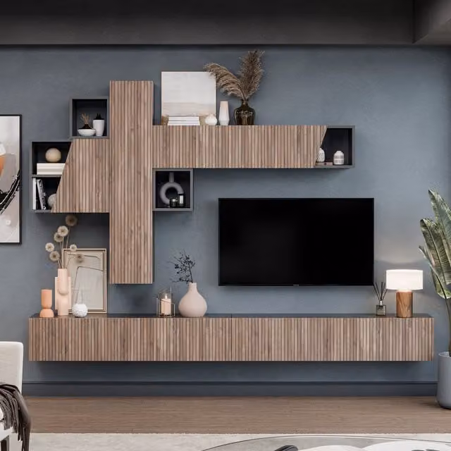 Decorotika Campobasso Wall Mounted Modern Living Room Entertainment Center in Black with Striped Pattern