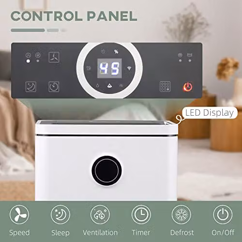 HOMCOM Portable Dehumidifier with WiFi Smart App Control, 10L/Day Capacity and 2.5L Water Tank, White and Black – 5