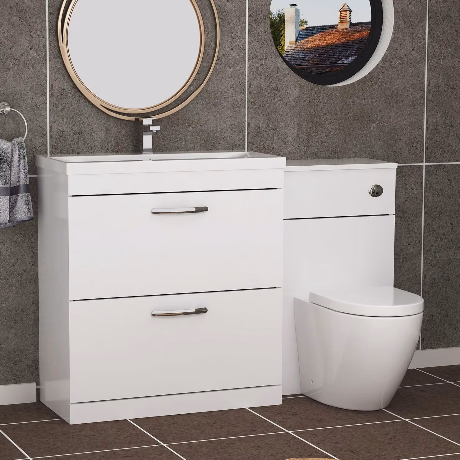 Royal Bathrooms Gloss White 2 Drawer Furniture Pack with Mid Edge Basin and Elva Back to Wall Toilet, Width: 130 cm