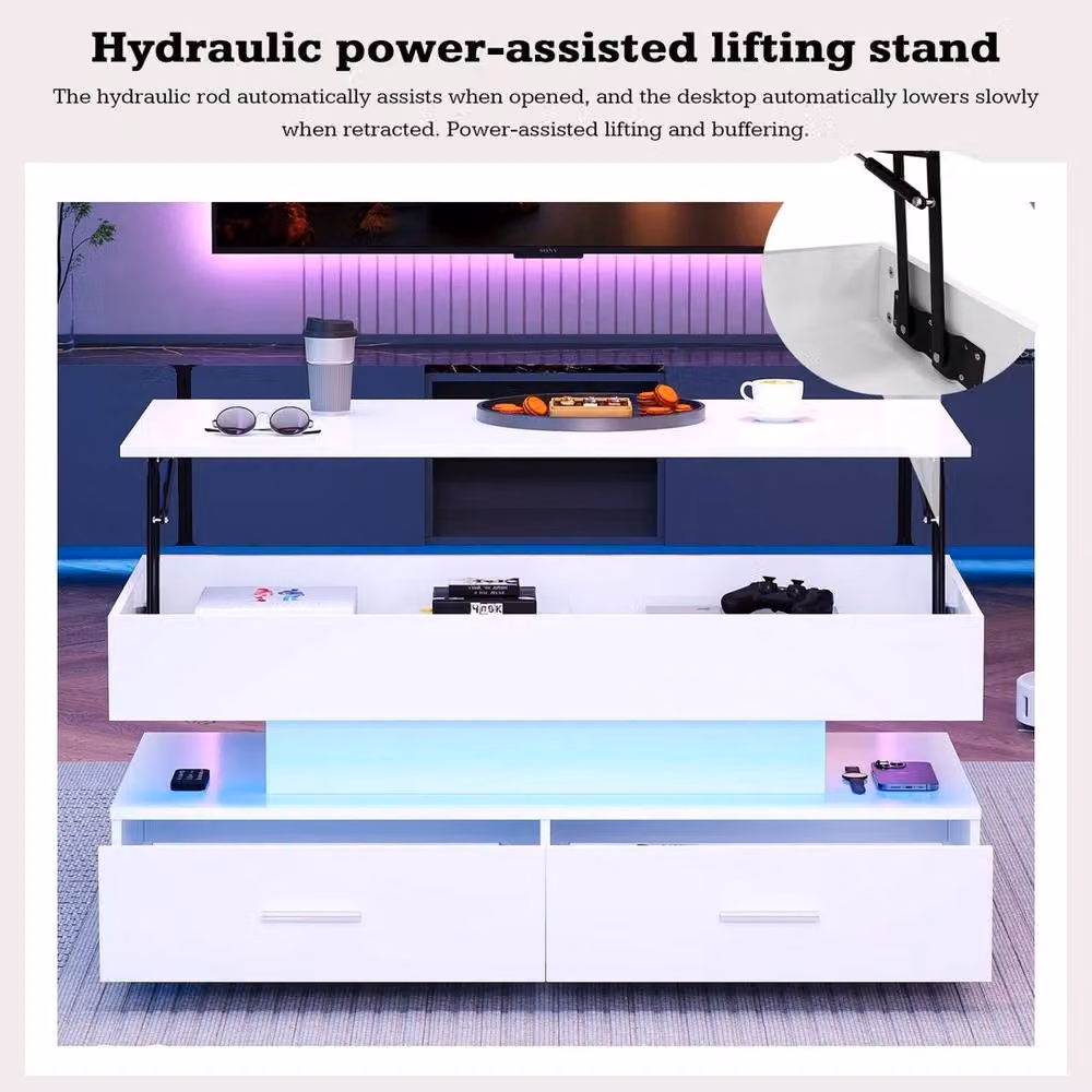 ERGOVEXA White LED Coffee Table with Lift Top and Storage Drawers – 3