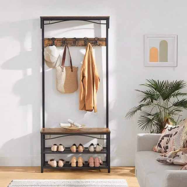 VASAGLE Industrial Hallway Coat Rack and Shoe Bench in Bronze and Black