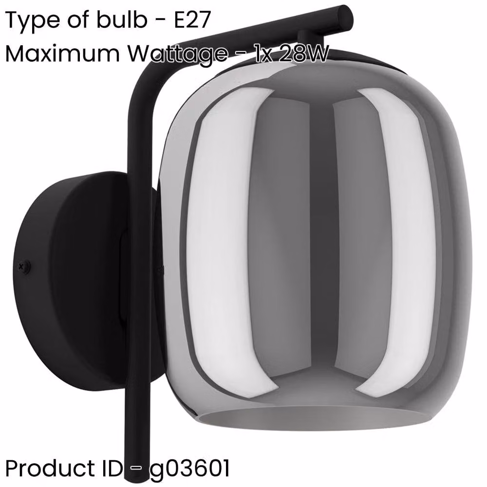 Loops 2 Pack Modern Black Metal and Glass Wall Lights for Living Room, Hallway or Bedroom – 2