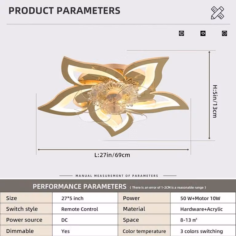 Garwarm Gold Caged Floral Invisible Flush Ceiling Fan and Lamp Set