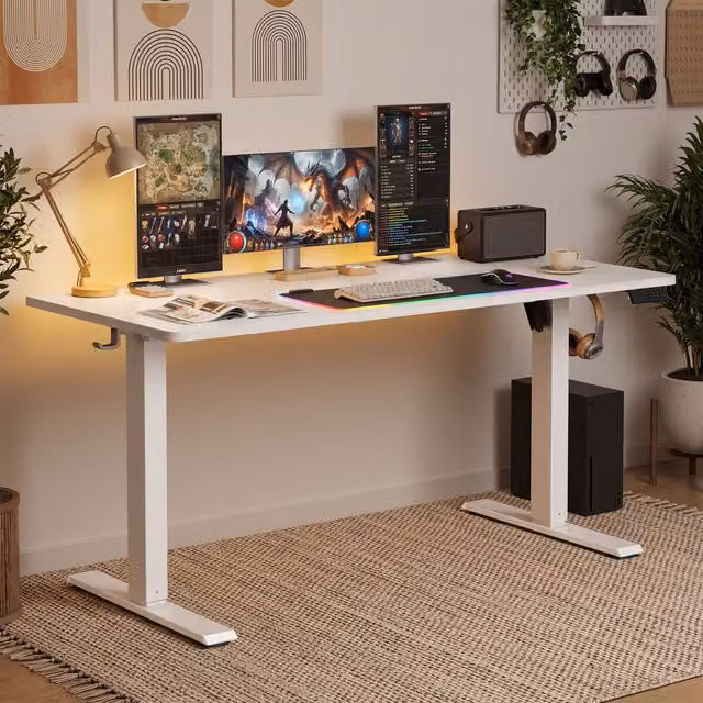 VASAGLE Electric Height Adjustable Standing Desk in White and Brown, W/D/H: 120 x 70 x 60-140 cm
