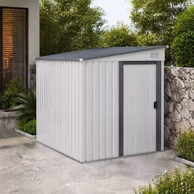 STILVORA White Galvanised Steel Garden Storage Shed with Sliding Door, Shelving and Side Vent, H 195.0 x W 152.4 x D 181.0 cm