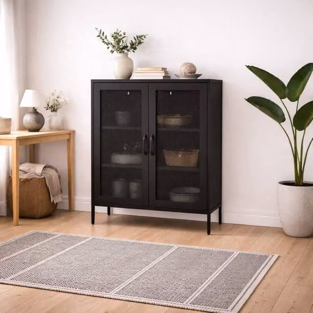 Wyld Haus Patak Black Metal Mesh Industrial Cabinet with 2 Hinged Doors and 2 Internal Shelves