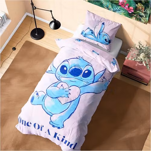 Disney Stitch Pink and Multicolour Duvet Cover and Pillowcase Set for Kids and Teenagers, W/D/H: 135 x 200 cm